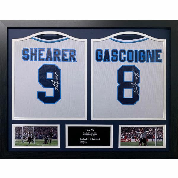 Signed Memorabilia | England FA 1996 Shearer & Gascoigne Signed Shirts (Dual Framed) Signed Memorabilia Signed Memorabilia