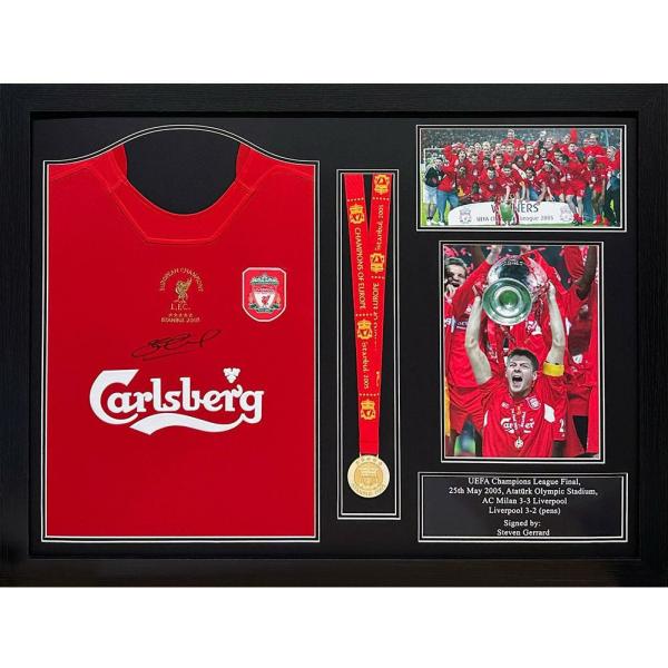 Signed Memorabilia | Liverpool FC 2005 Gerrard Signed Shirt & Medal Framed Signed Memorabilia Signed Memorabilia