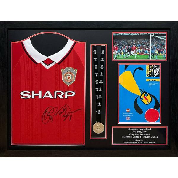 Signed Memorabilia | Manchester United FC 1999 Solskjaer & Sheringham Signed Shirt & Medal Framed Signed Memorabilia Signed Memorabilia