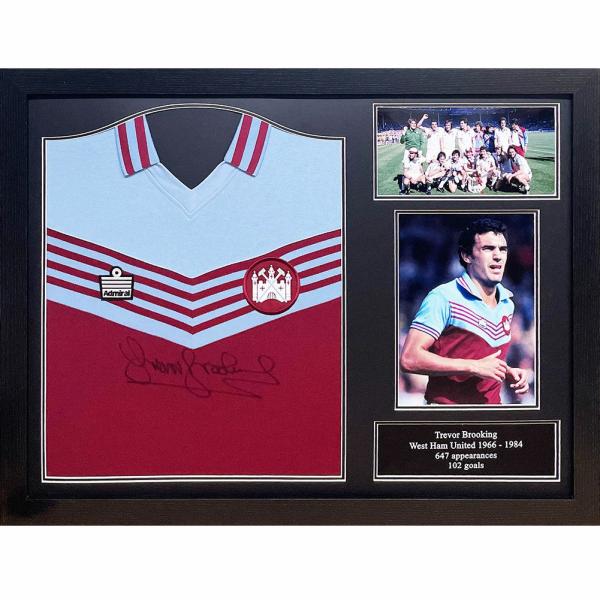 Signed Memorabilia | West Ham United FC 1980 Brooking Signed Shirt (Framed) Signed Memorabilia Signed Memorabilia